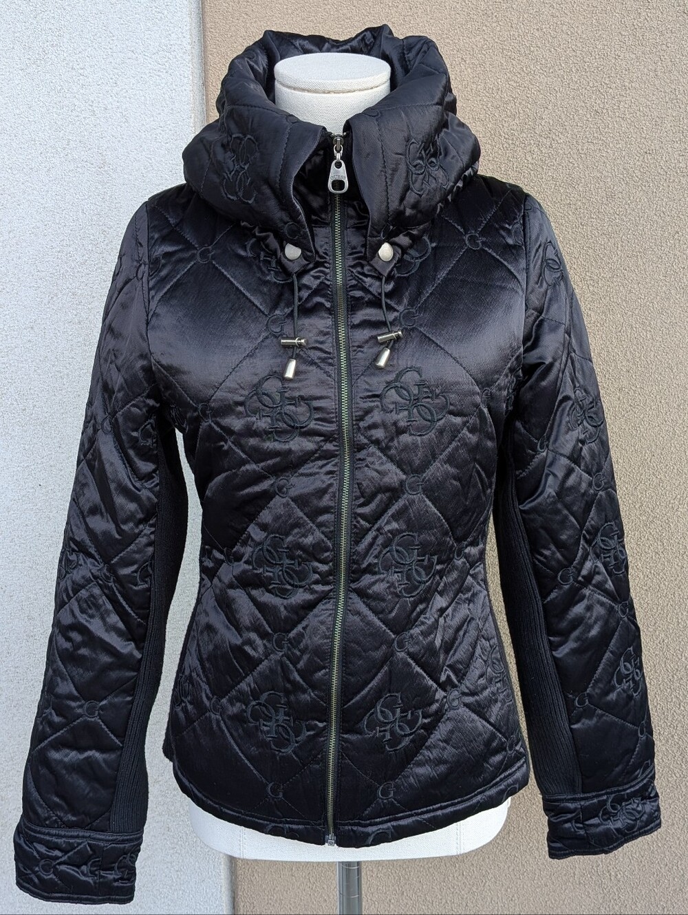 Guess Black Quilted Down All Over Monogram Logo Funnel Neck Puffer Jacket S